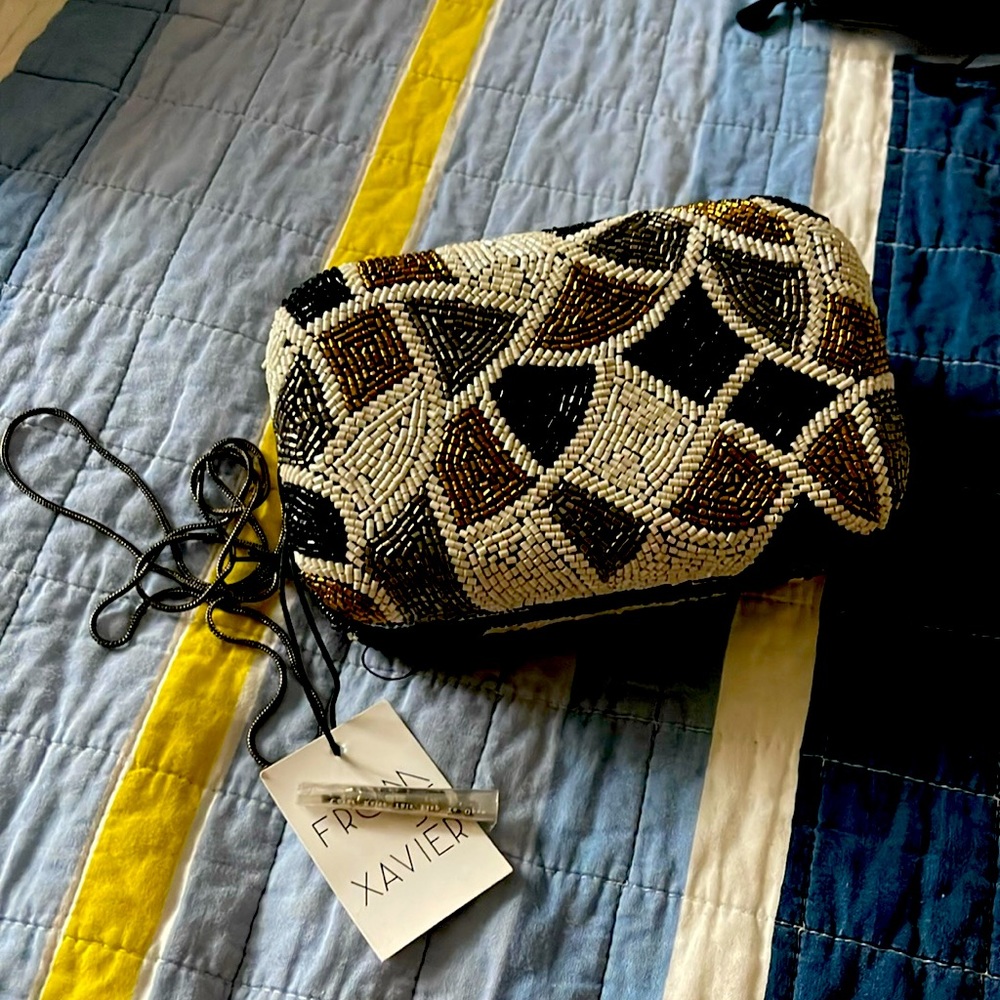Beaded Geometric Clutch in Black, White & Brown